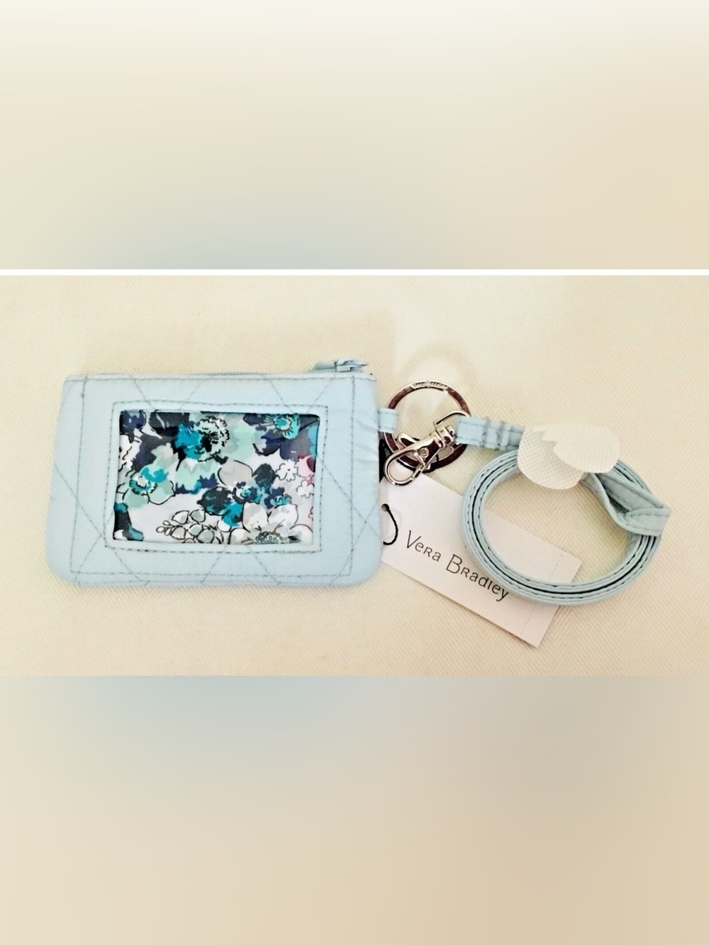 •VERA BRADLEY•NWT SEA SALT BLUE QUILTED ULTRALIGHT ZIP ID & LANYARD CARD CASE